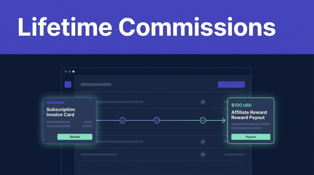SaaS payment cards connect to an affiliate payout on a dark dashboard.