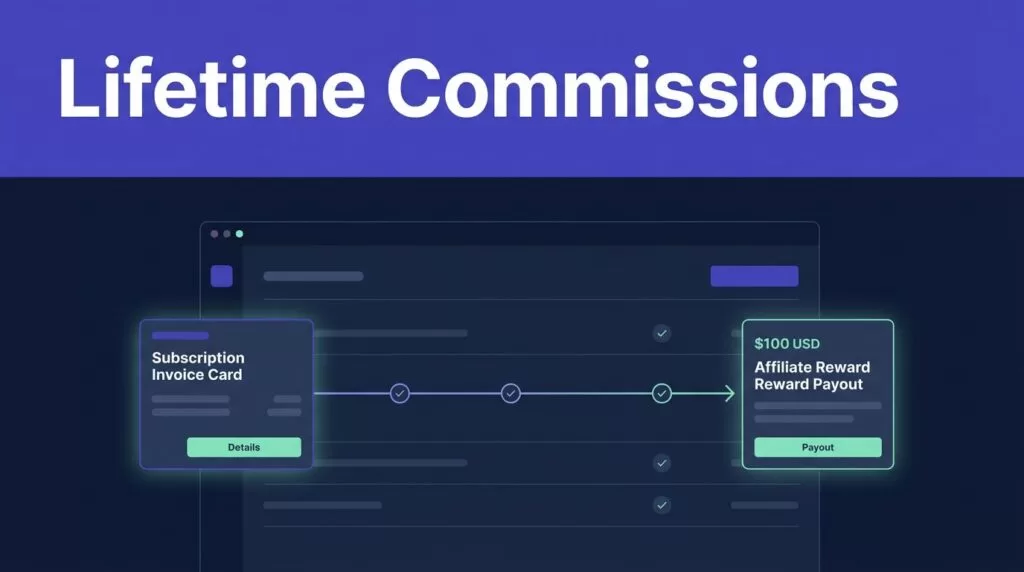 SaaS payment cards connect to an affiliate payout on a dark dashboard.