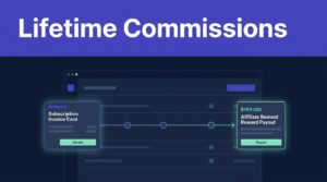 SaaS payment cards connect to an affiliate payout on a dark dashboard.