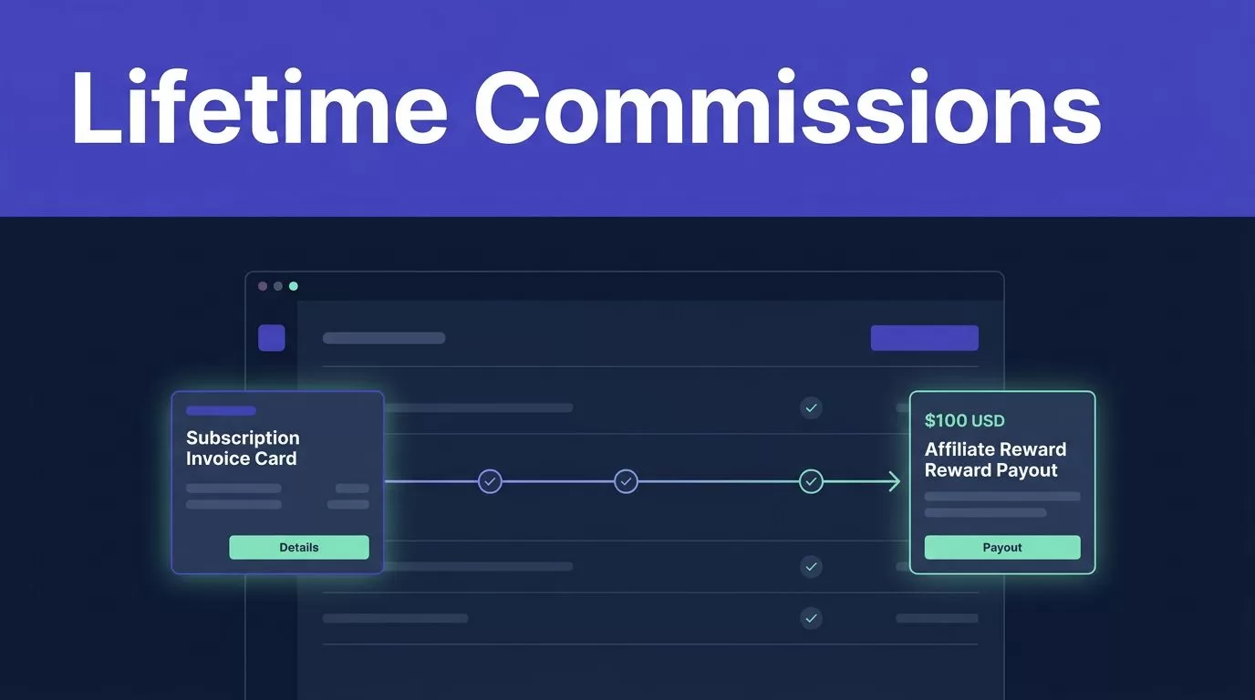 SaaS payment cards connect to an affiliate payout on a dark dashboard.