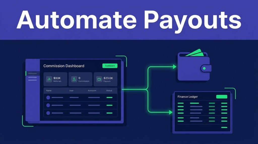 A commission dashboard connects to a partner wallet and payment ledger.