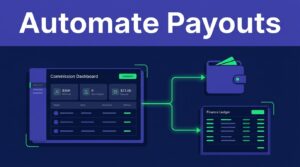 A commission dashboard connects to a partner wallet and payment ledger.