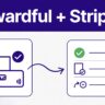 Dashboard showing a verified affiliate commission entering a payout ledger beneath a Rewardful + Stripe header.