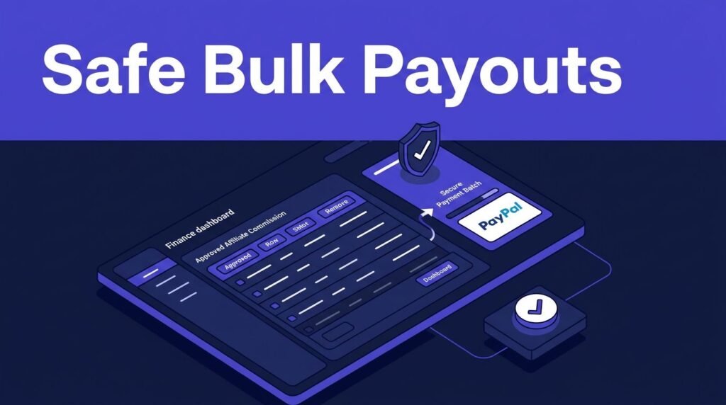 Finance dashboard showing approved commissions entering a secure payment batch.