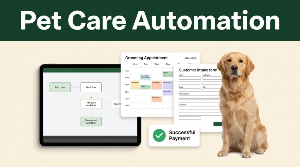 A tablet workflow display sits beside pet grooming tools and a calm golden retriever.
