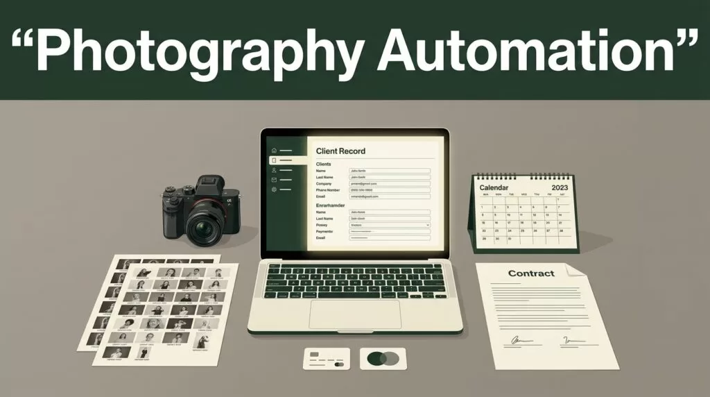 A camera and business documents surround a laptop showing a central client record.