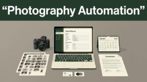 A camera and business documents surround a laptop showing a central client record.