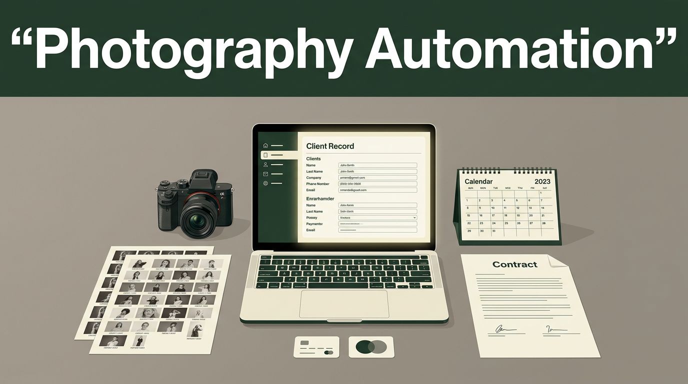 A camera and business documents surround a laptop showing a central client record.