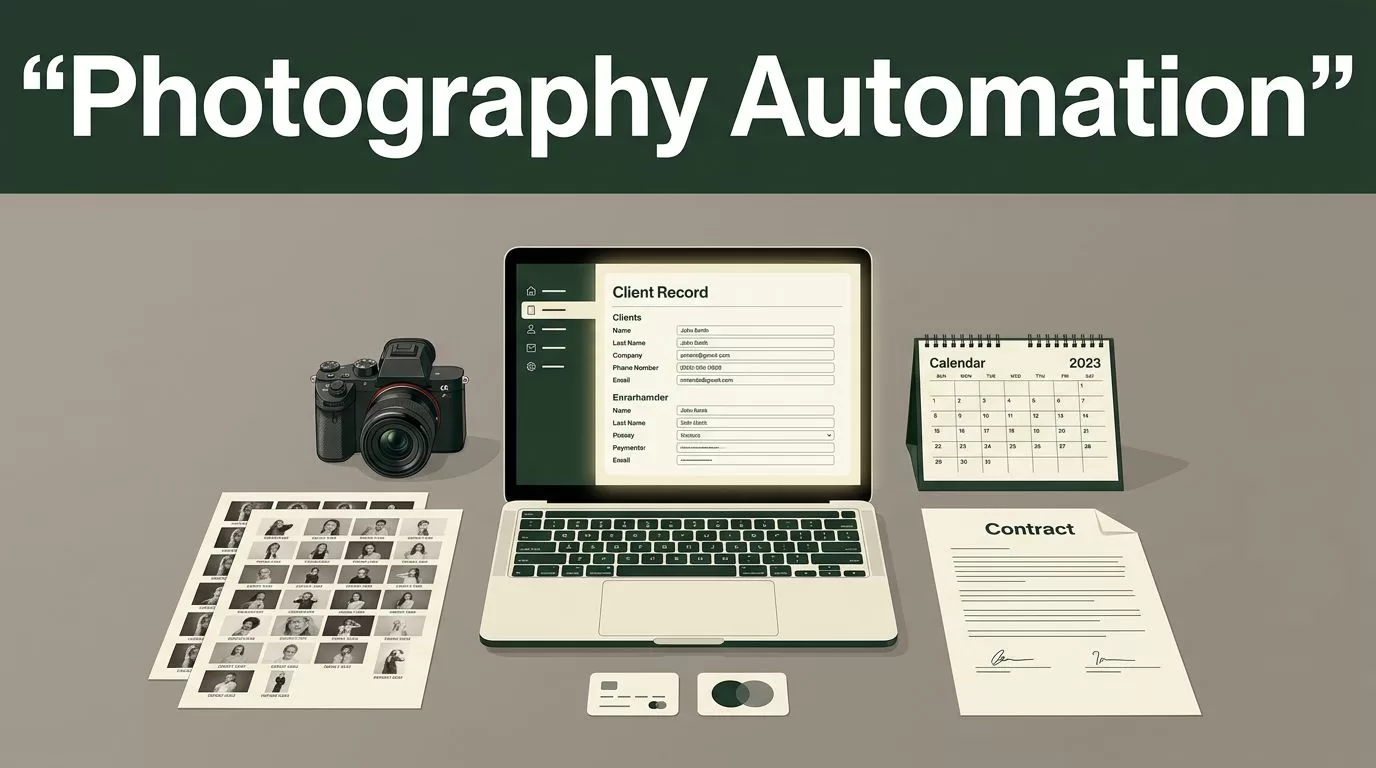 A camera and business documents surround a laptop showing a central client record.