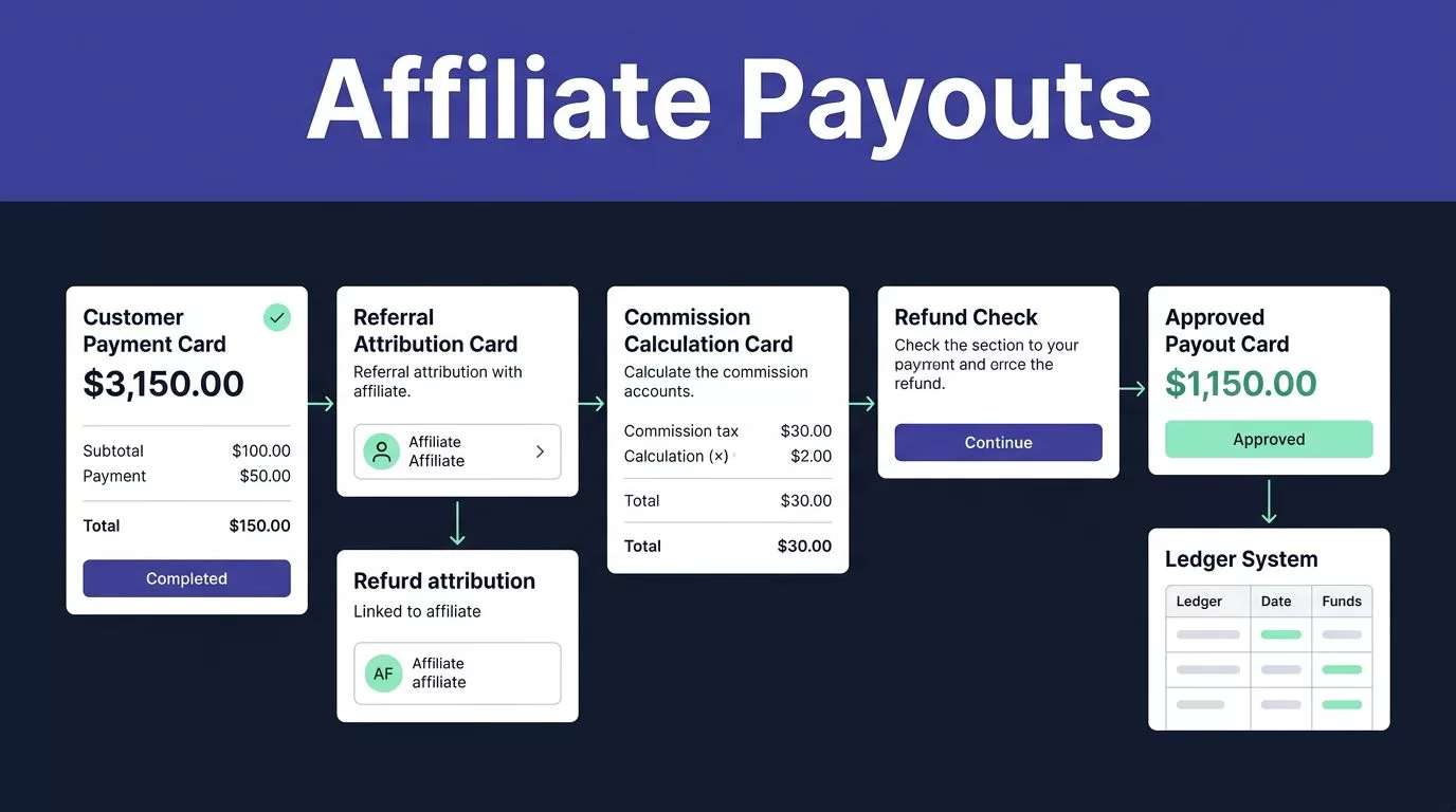 Fintech cards show referral commissions, refund checks, and an approved affiliate payout.