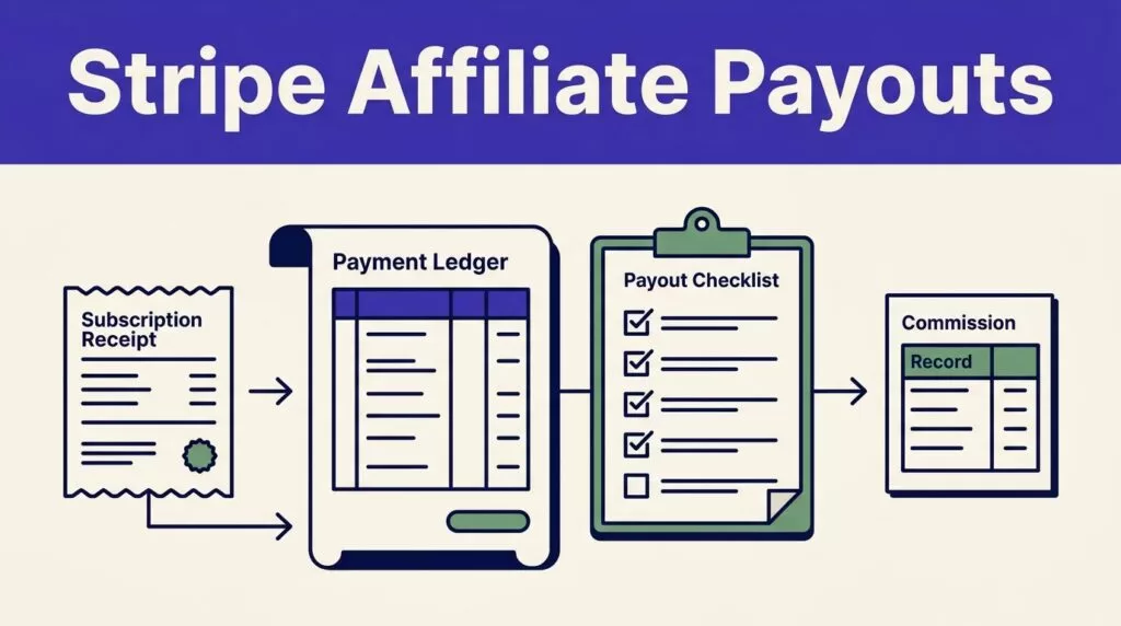 Illustration showing a payout ledger, checklist, receipt, and commission record linked by arrows.