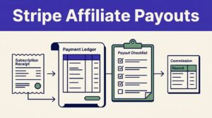 Illustration showing a payout ledger, checklist, receipt, and commission record linked by arrows.
