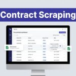 Monitor showing procurement contract rows, source portals, attachments, and an automation workflow.