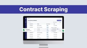 Monitor showing procurement contract rows, source portals, attachments, and an automation workflow.