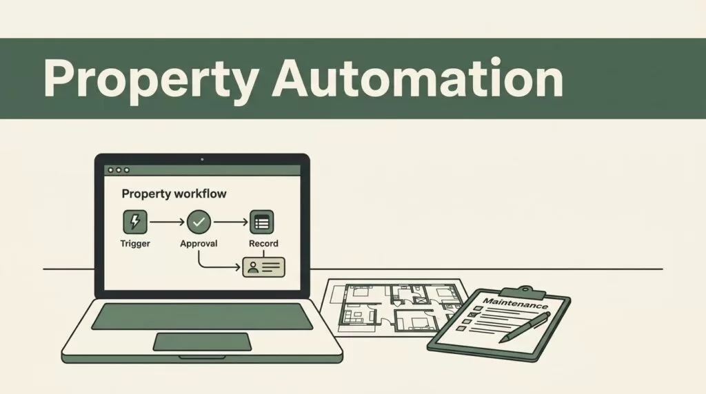 Laptop showing a property workflow beside an apartment plan and maintenance clipboard.