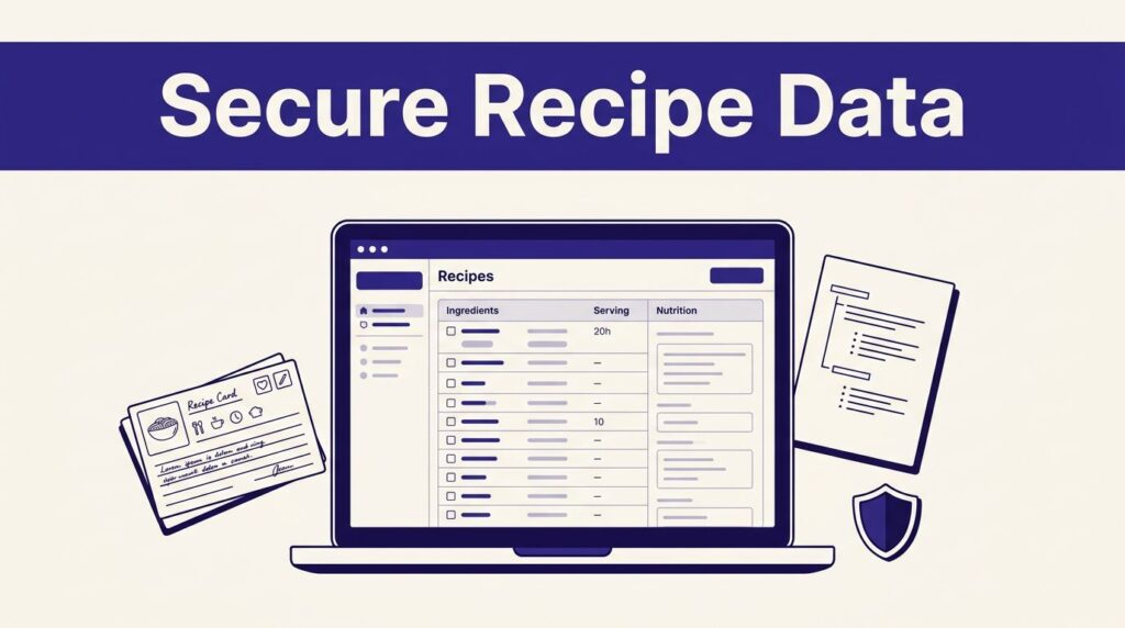 Laptop with recipe data beside a recipe card, schema notes, and a security shield.