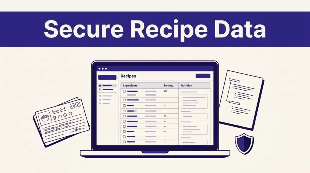 Laptop with recipe data beside a recipe card, schema notes, and a security shield.