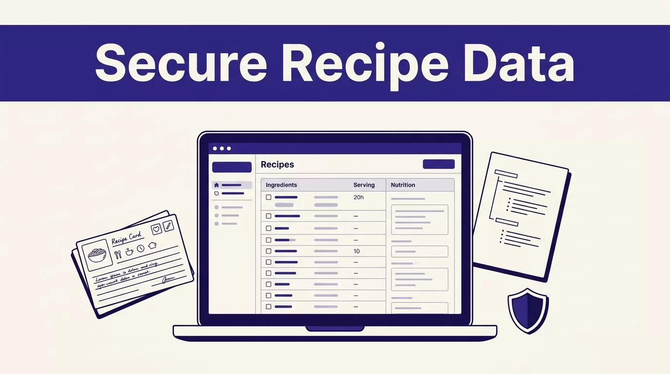 Laptop with recipe data beside a recipe card, schema notes, and a security shield.