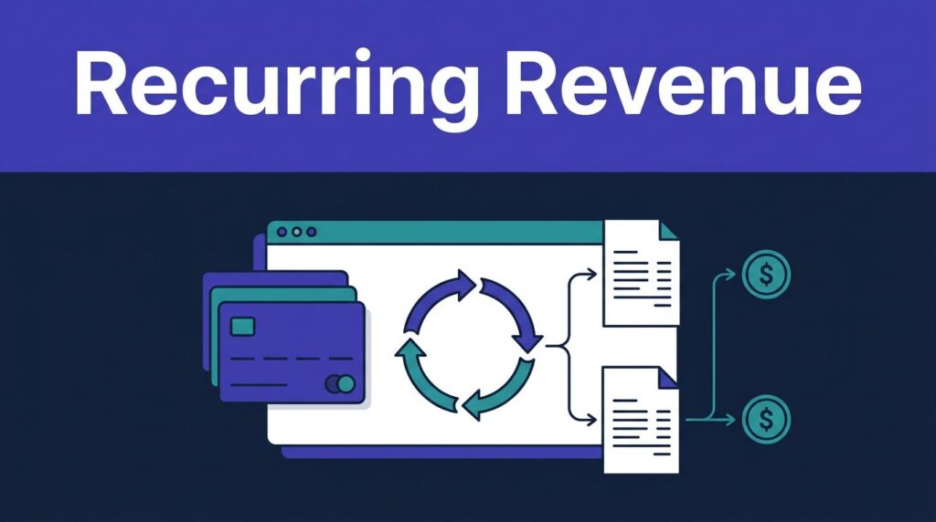 SaaS billing graphic with payment cards, a recurring cycle, and affiliate commission lines.