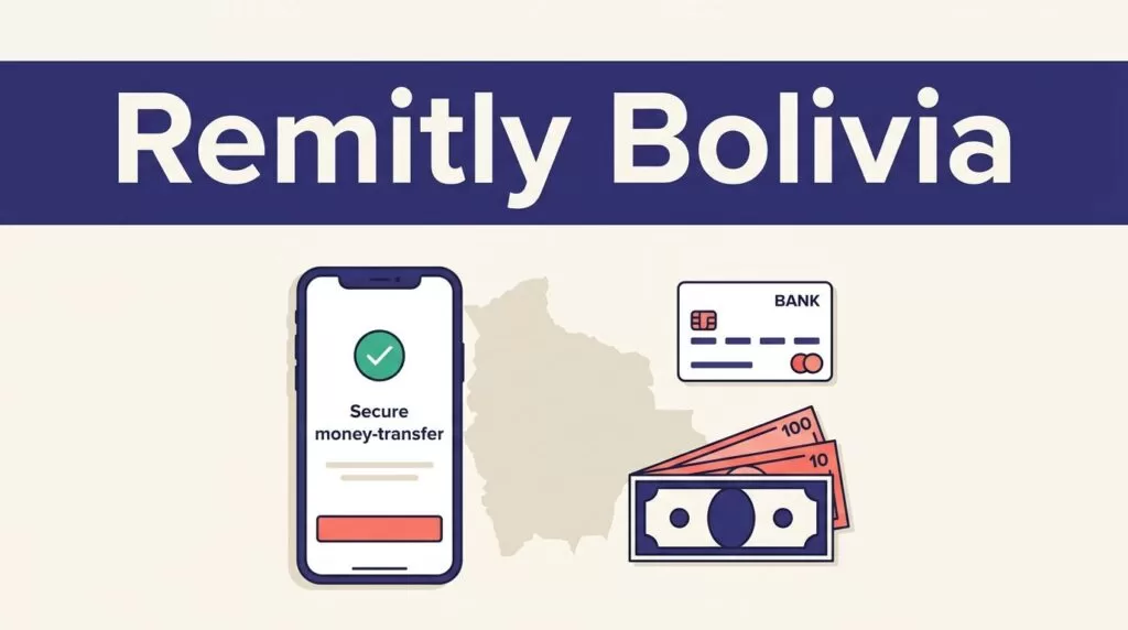 Smartphone showing a transfer confirmation beside a Bolivia map, bank card, and currency.