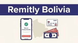 Smartphone showing a transfer confirmation beside a Bolivia map, bank card, and currency.