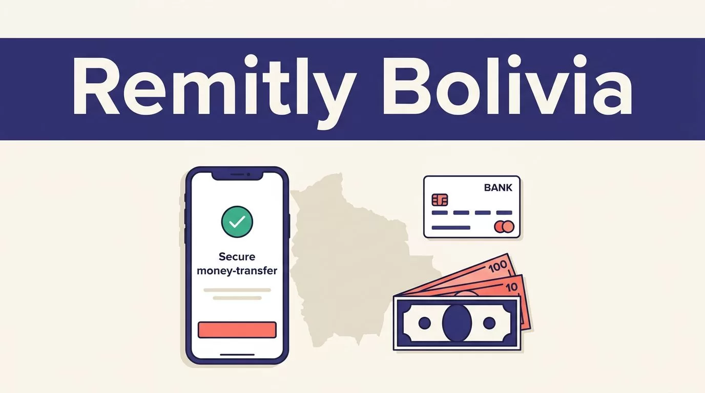 Smartphone showing a transfer confirmation beside a Bolivia map, bank card, and currency.