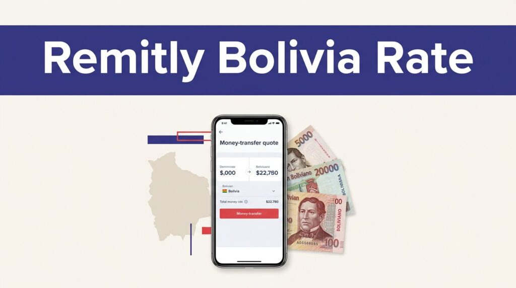 A smartphone with a transfer quote beside Boliviano banknotes and a Bolivia map.