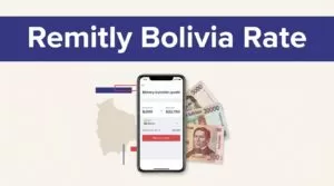 A smartphone with a transfer quote beside Boliviano banknotes and a Bolivia map.
