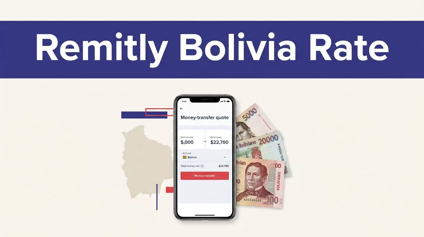 A smartphone with a transfer quote beside Boliviano banknotes and a Bolivia map.