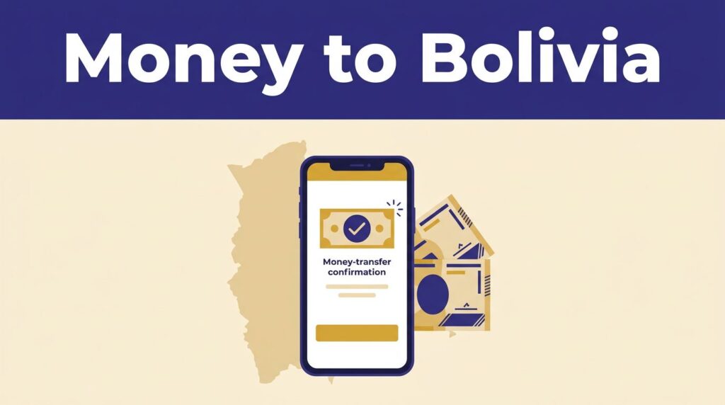Smartphone, Bolivian banknotes, and a Bolivia map beneath a blue Money to Bolivia banner.