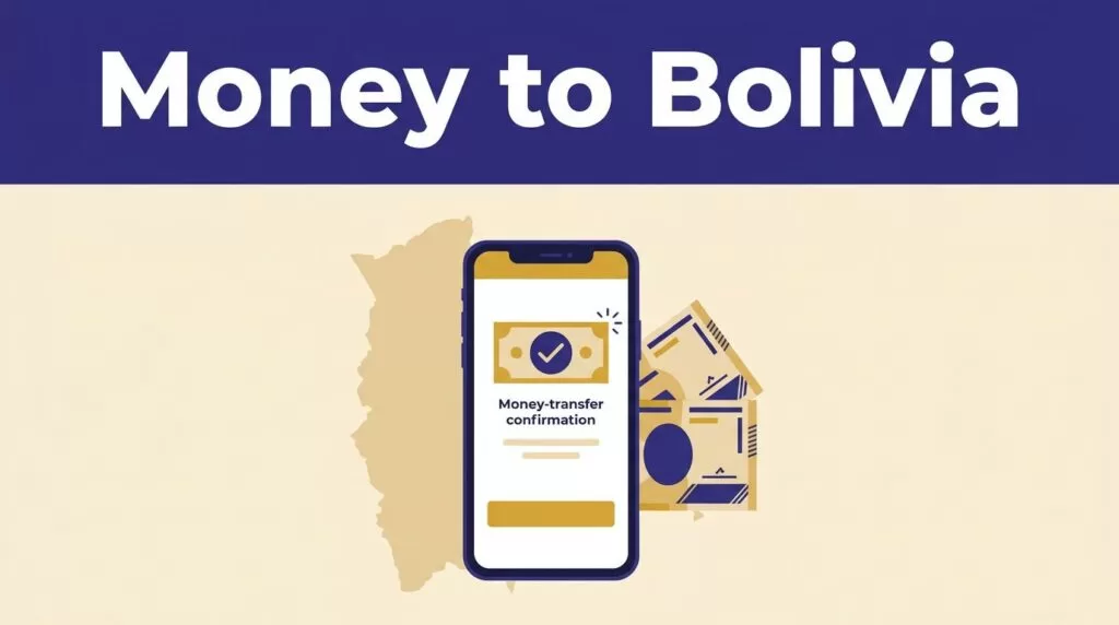 Smartphone, Bolivian banknotes, and a Bolivia map beneath a blue Money to Bolivia banner.