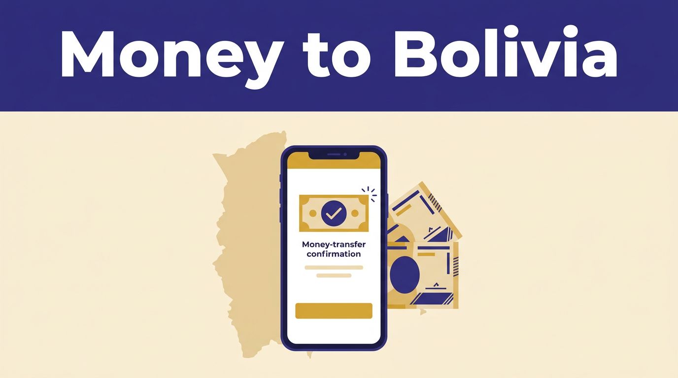 Smartphone, Bolivian banknotes, and a Bolivia map beneath a blue Money to Bolivia banner.