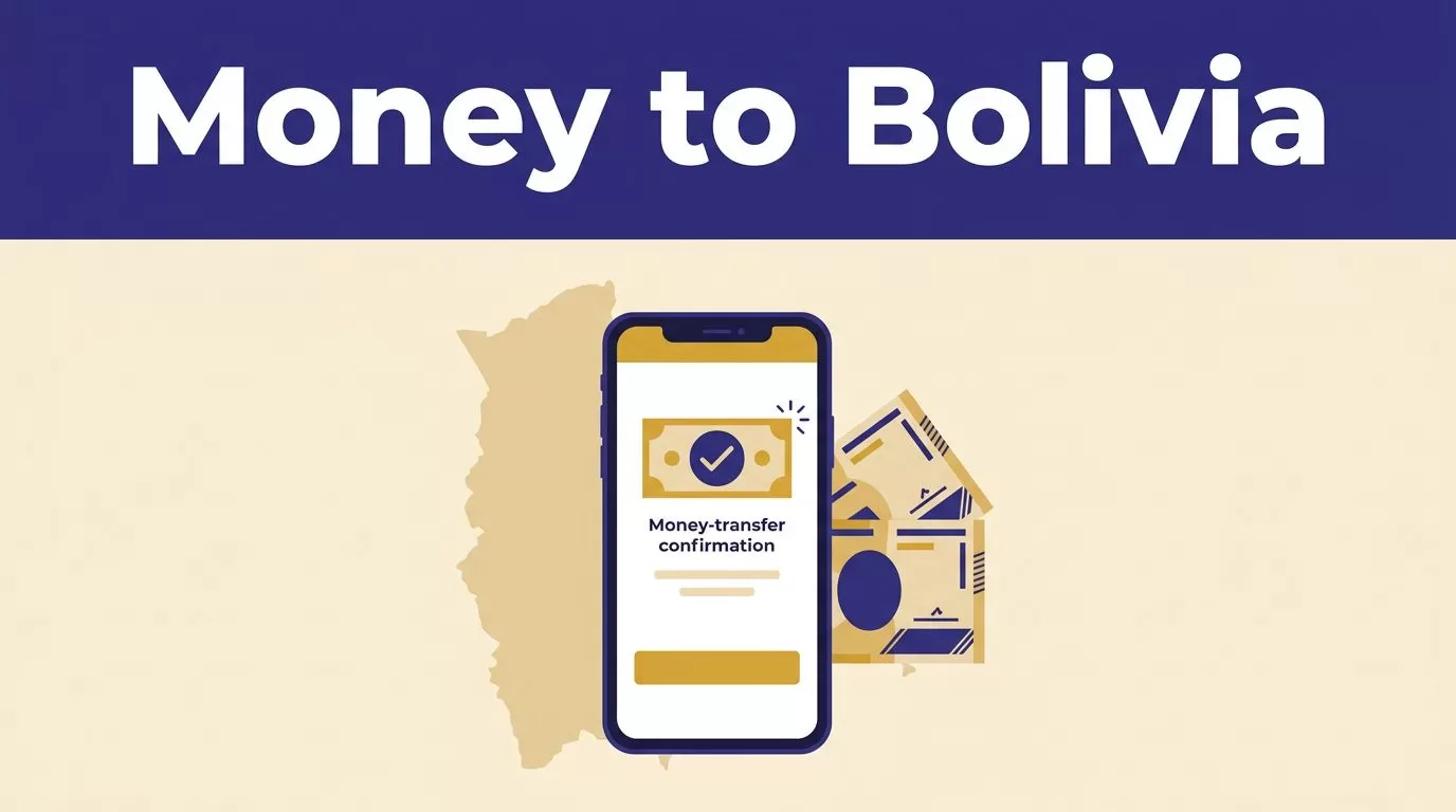 Smartphone, Bolivian banknotes, and a Bolivia map beneath a blue Money to Bolivia banner.