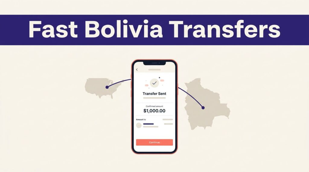A smartphone showing a transfer confirmation beside a Bolivia map and route line.
