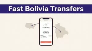 A smartphone showing a transfer confirmation beside a Bolivia map and route line.