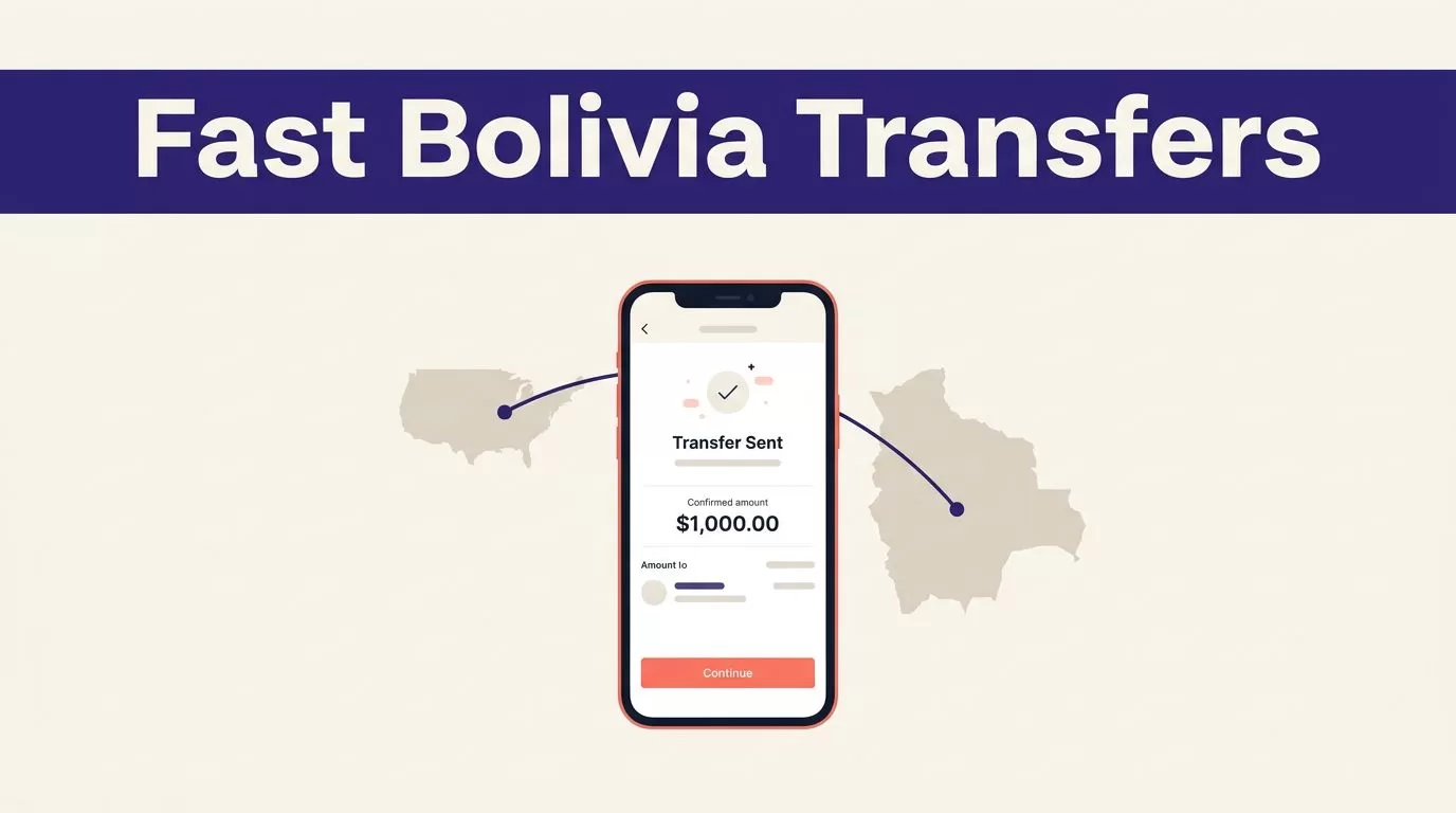A smartphone showing a transfer confirmation beside a Bolivia map and route line.