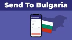 A smartphone money-transfer app beside a Bulgarian flag-colored envelope and map.
