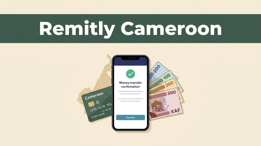A smartphone with a transfer confirmation beside a Cameroon bank card and XAF notes.