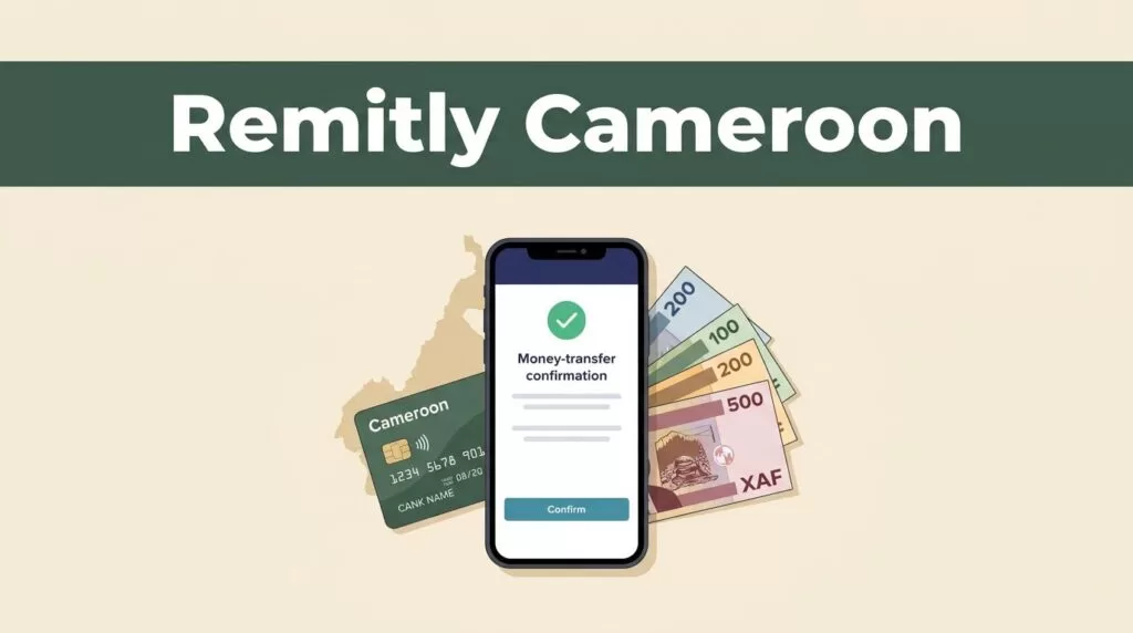 A smartphone with a transfer confirmation beside a Cameroon bank card and XAF notes.