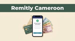 A smartphone with a transfer confirmation beside a Cameroon bank card and XAF notes.