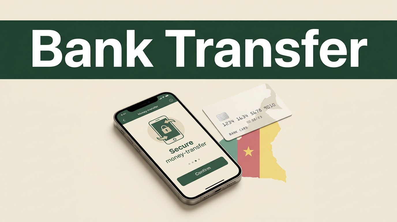 Phone, Cameroon map, and bank card beneath a Bank Transfer banner.