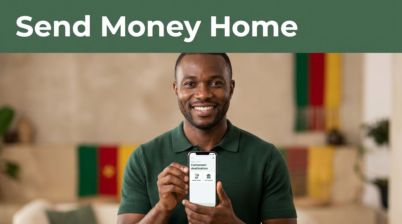 A smiling man holds a smartphone showing a money transfer to Cameroon.