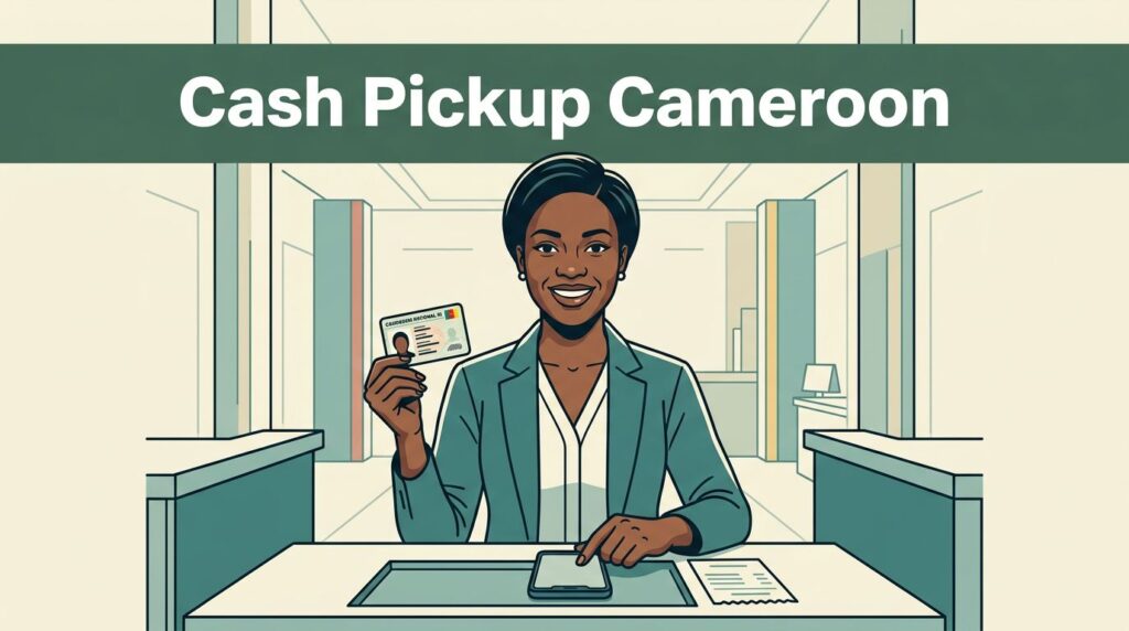 Smiling woman holding an ID card and phone at a Cameroon cash pickup counter.