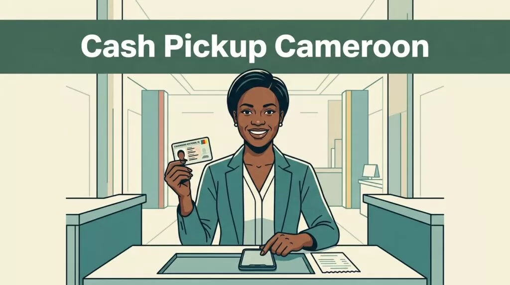 Smiling woman holding an ID card and phone at a Cameroon cash pickup counter.