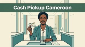Smiling woman holding an ID card and phone at a Cameroon cash pickup counter.
