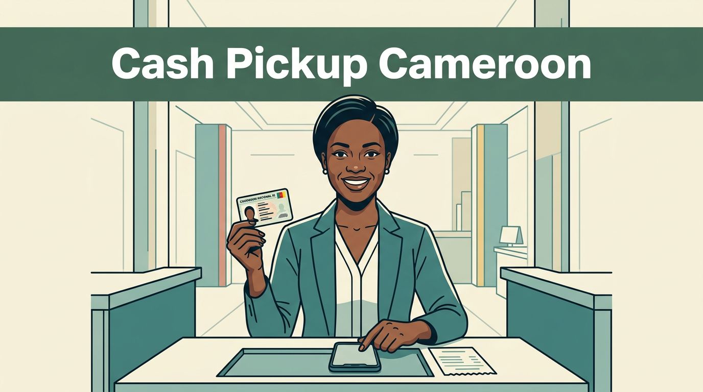 Smiling woman holding an ID card and phone at a Cameroon cash pickup counter.