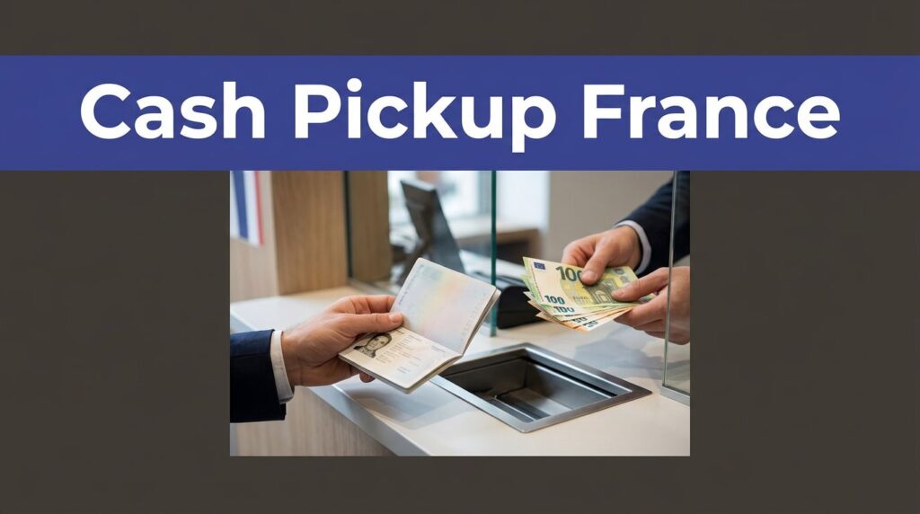 A person shows a passport while receiving euros at a French cash pickup counter.