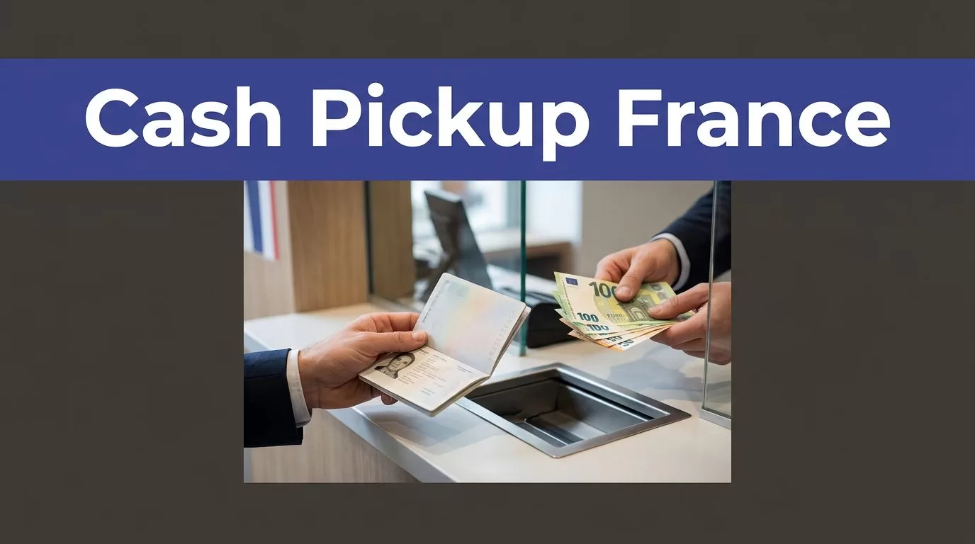A person shows a passport while receiving euros at a French cash pickup counter.