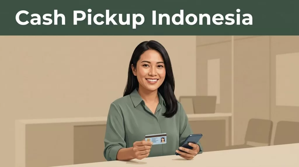 Smiling Indonesian woman holding an ID card and phone at a cash-pickup counter.