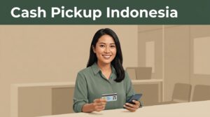 Smiling Indonesian woman holding an ID card and phone at a cash-pickup counter.
